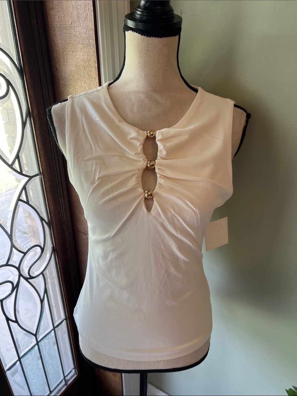 Harlow White Sleeveless Tank with Gold Button Keyhole